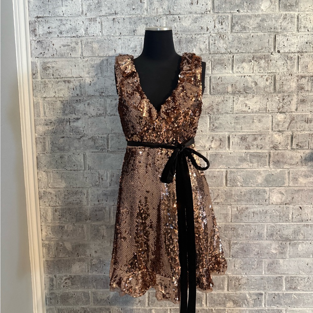 Free People Rose Gold Sequin Backless Ruffle Mini Dress - Picture 2 of 8